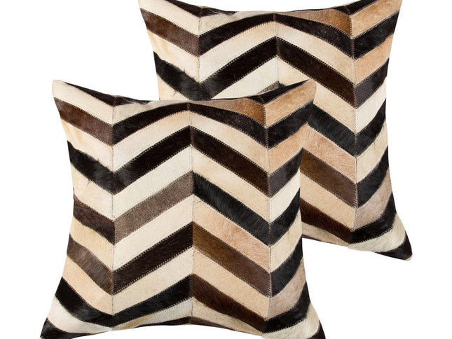 Set of Two 18" Black Brown and Beige Chevron Cowhide Throw Pillows