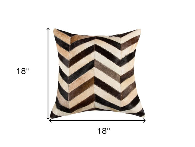 Set of Two 18" Black Brown and Beige Chevron Cowhide Throw Pillows