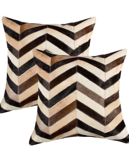 Set of Two 18" Black Brown and Beige Chevron Cowhide Throw Pillows