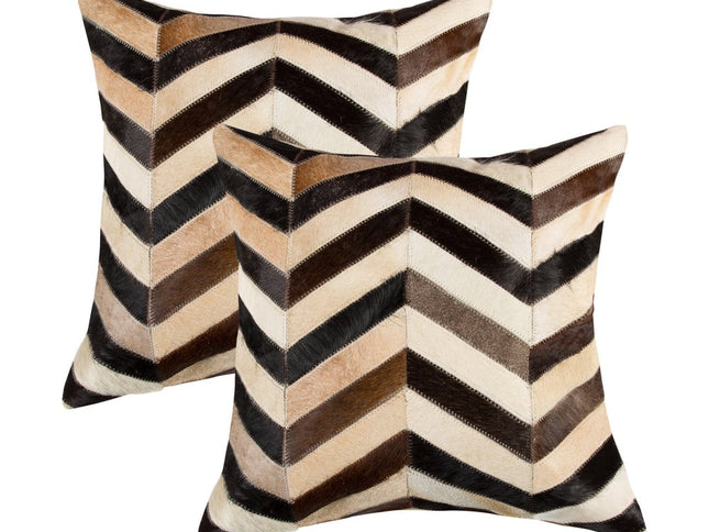 Set of Two 18" Black Brown and Beige Chevron Cowhide Throw Pillows