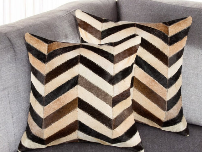 Set of Two 18" Black Brown and Beige Chevron Cowhide Throw Pillows