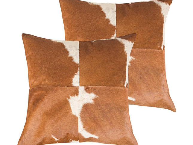 Set of Two 18" Brown and White Cowhide Cowhide Throw Pillows