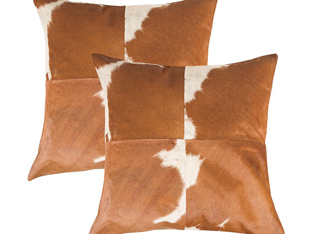Set of Two 18" Brown and White Cowhide Cowhide Throw Pillows