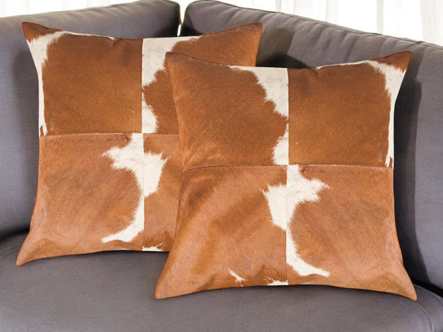Set of Two 18" Brown and White Cowhide Cowhide Throw Pillows