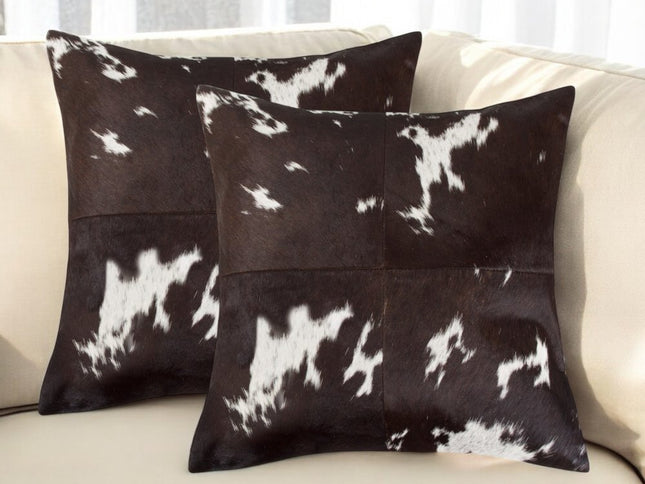 Set of Two 18" Chocolate and White Cowhide Cowhide Throw Pillows