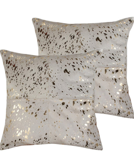 Set of Two 18" Natural and Gold Abstract Cowhide Throw Pillows with Glitter