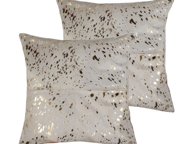 Set of Two 18" Natural and Gold Abstract Cowhide Throw Pillows with Glitter