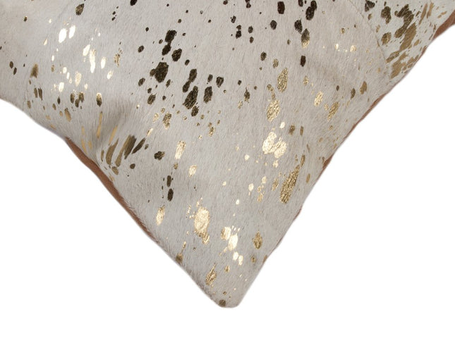 Set of Two 18" Natural and Gold Abstract Cowhide Throw Pillows with Glitter