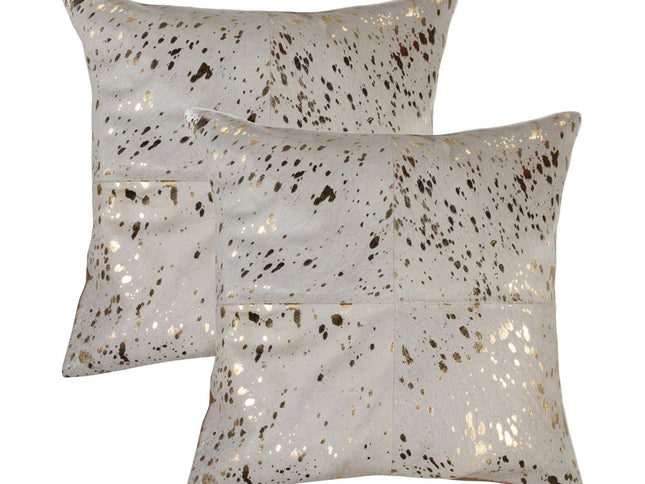 Set of Two 18" Natural and Gold Abstract Cowhide Throw Pillows with Glitter