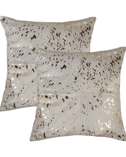 Set of Two 18" Natural and Gold Abstract Cowhide Throw Pillows with Glitter