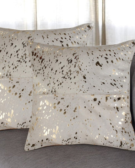 Set of Two 18" Natural and Gold Abstract Cowhide Throw Pillows with Glitter