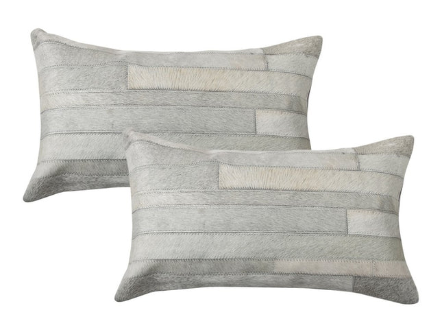 Set of Two 12" X 20" Gray Patchwork Cowhide Lumbar Throw Pillows