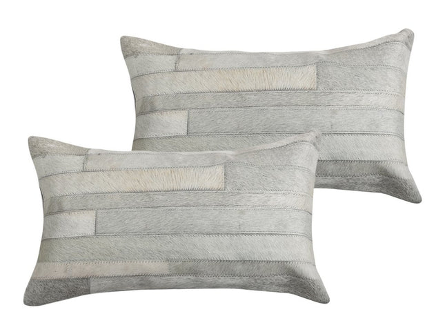 Set of Two 12" X 20" Gray Patchwork Cowhide Lumbar Throw Pillows