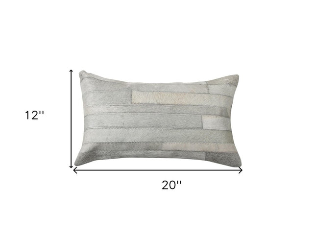 Set of Two 12" X 20" Gray Patchwork Cowhide Lumbar Throw Pillows