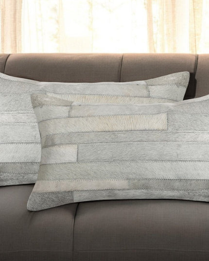 Set of Two 12" X 20" Gray Patchwork Cowhide Lumbar Throw Pillows