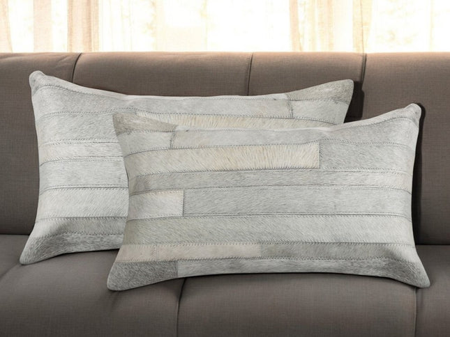 Set of Two 12" X 20" Gray Patchwork Cowhide Lumbar Throw Pillows