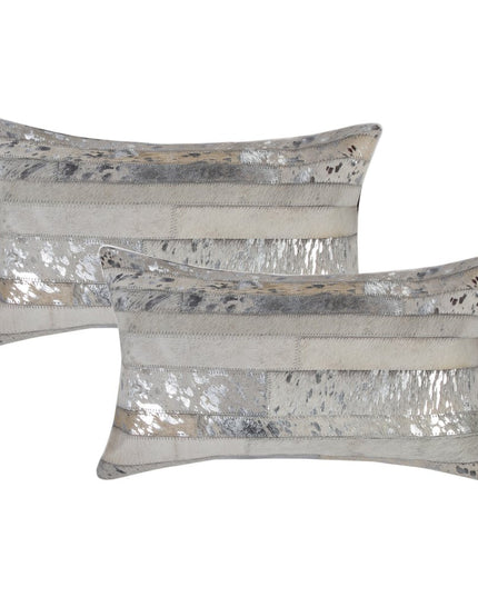 Set of Two 12" X 20" Gray and Silver Striped Cowhide Lumbar Throw Pillows with Glitter
