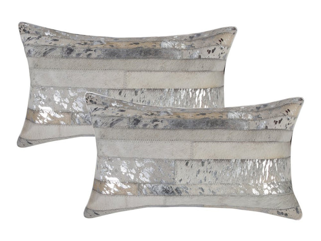 Set of Two 12" X 20" Gray and Silver Striped Cowhide Lumbar Throw Pillows with Glitter