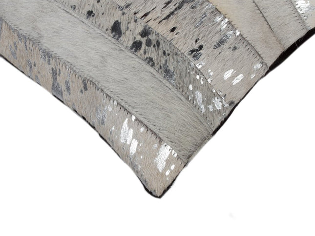 Set of Two 12" X 20" Gray and Silver Striped Cowhide Lumbar Throw Pillows with Glitter