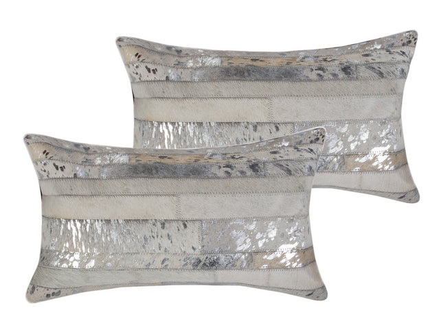 Set of Two 12" X 20" Gray and Silver Striped Cowhide Lumbar Throw Pillows with Glitter