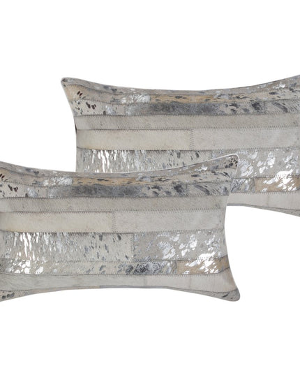 Set of Two 12" X 20" Gray and Silver Striped Cowhide Lumbar Throw Pillows with Glitter