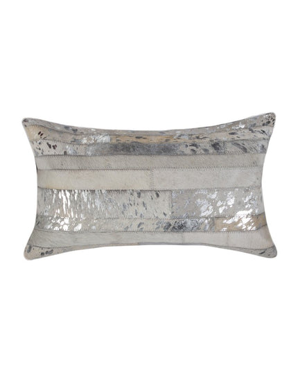 Set of Two 12" X 20" Gray and Silver Striped Cowhide Lumbar Throw Pillows with Glitter
