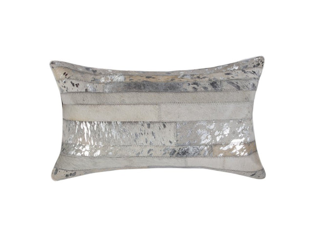 Set of Two 12" X 20" Gray and Silver Striped Cowhide Lumbar Throw Pillows with Glitter