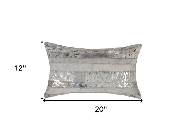 Set of Two 12" X 20" Gray and Silver Striped Cowhide Lumbar Throw Pillows with Glitter