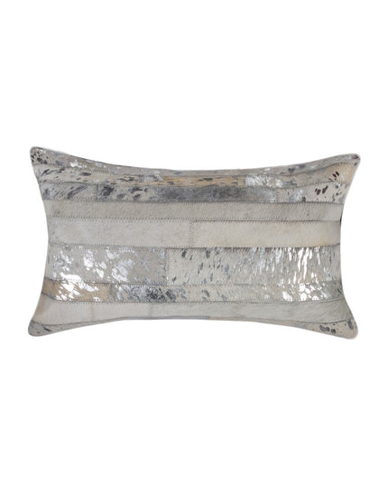 Set of Two 12" X 20" Gray and Silver Striped Cowhide Lumbar Throw Pillows with Glitter