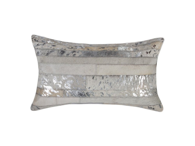 Set of Two 12" X 20" Gray and Silver Striped Cowhide Lumbar Throw Pillows with Glitter