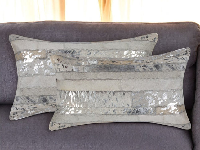 Set of Two 12" X 20" Gray and Silver Striped Cowhide Lumbar Throw Pillows with Glitter