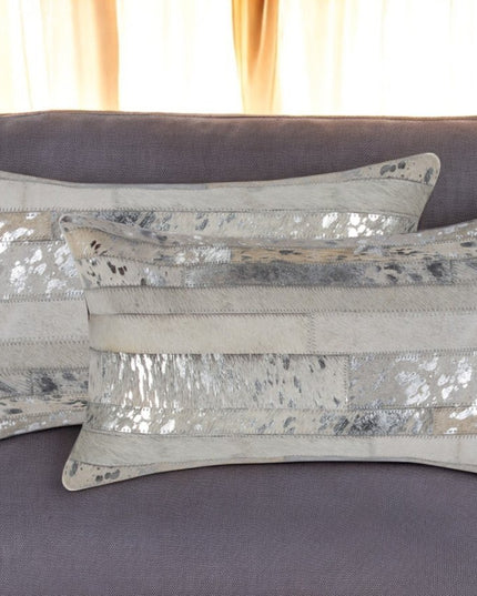Set of Two 12" X 20" Gray and Silver Striped Cowhide Lumbar Throw Pillows with Glitter