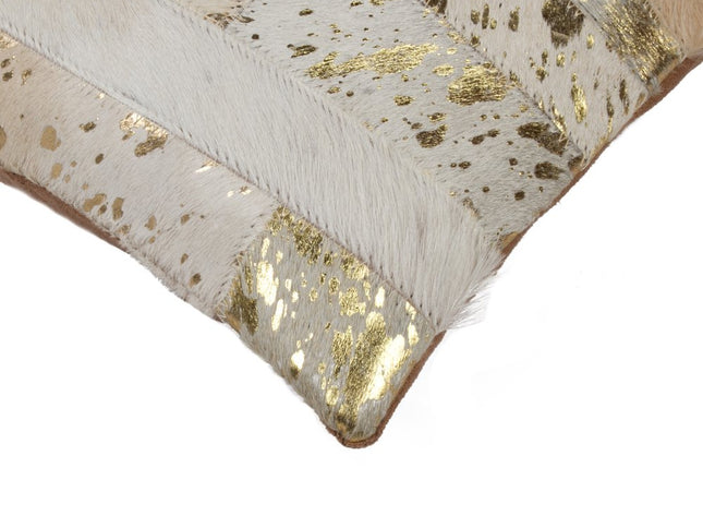 Set of Two 12" X 20" Natural and Gold Patchwork Cowhide Lumbar Throw Pillows with Glitter