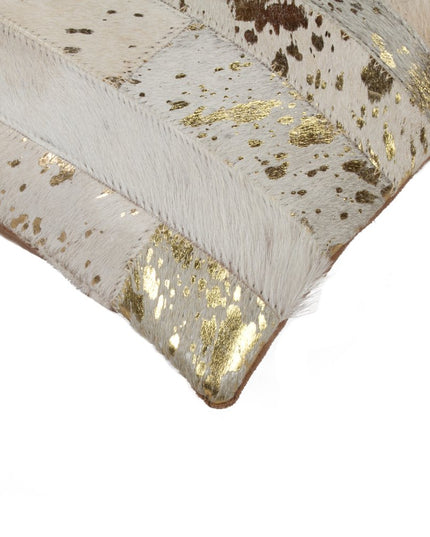 Set of Two 12" X 20" Natural and Gold Patchwork Cowhide Lumbar Throw Pillows with Glitter