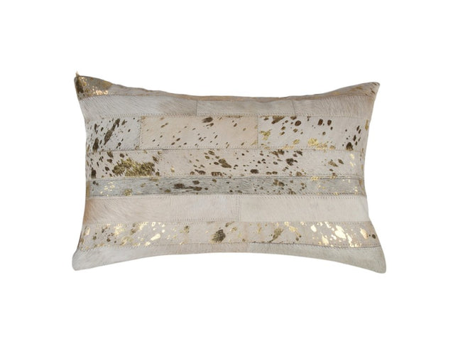 Set of Two 12" X 20" Natural and Gold Patchwork Cowhide Lumbar Throw Pillows with Glitter