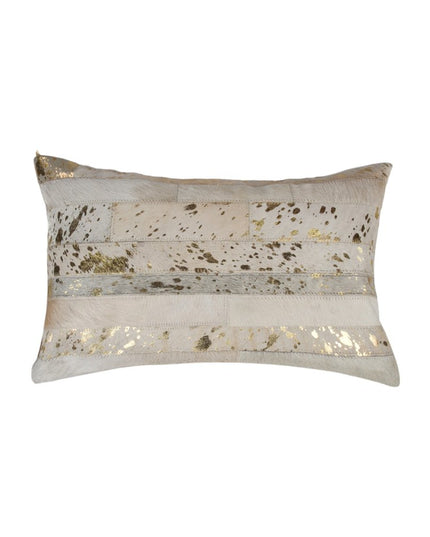 Set of Two 12" X 20" Natural and Gold Patchwork Cowhide Lumbar Throw Pillows with Glitter