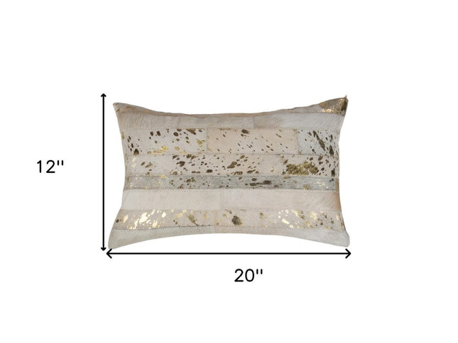 Set of Two 12" X 20" Natural and Gold Patchwork Cowhide Lumbar Throw Pillows with Glitter