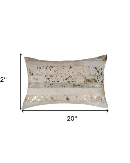 Set of Two 12" X 20" Natural and Gold Patchwork Cowhide Lumbar Throw Pillows with Glitter