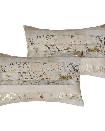 Set of Two 12" X 20" Natural and Gold Patchwork Cowhide Lumbar Throw Pillows with Glitter