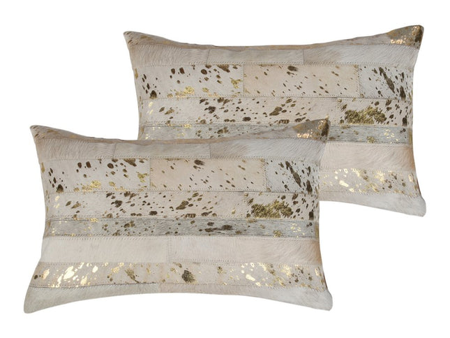 Set of Two 12" X 20" Natural and Gold Patchwork Cowhide Lumbar Throw Pillows with Glitter