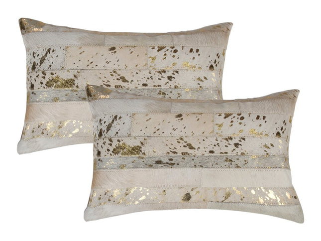 Set of Two 12" X 20" Natural and Gold Patchwork Cowhide Lumbar Throw Pillows with Glitter