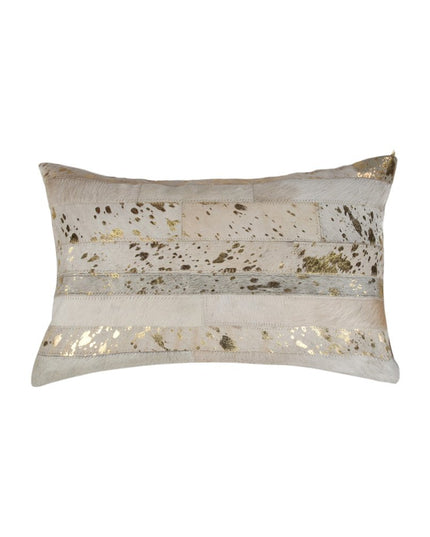 Set of Two 12" X 20" Natural and Gold Patchwork Cowhide Lumbar Throw Pillows with Glitter