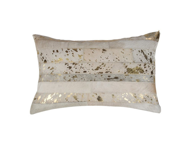 Set of Two 12" X 20" Natural and Gold Patchwork Cowhide Lumbar Throw Pillows with Glitter