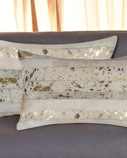 Set of Two 12" X 20" Natural and Gold Patchwork Cowhide Lumbar Throw Pillows with Glitter