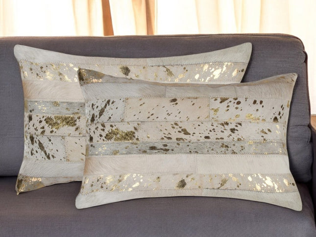 Set of Two 12" X 20" Natural and Gold Patchwork Cowhide Lumbar Throw Pillows with Glitter