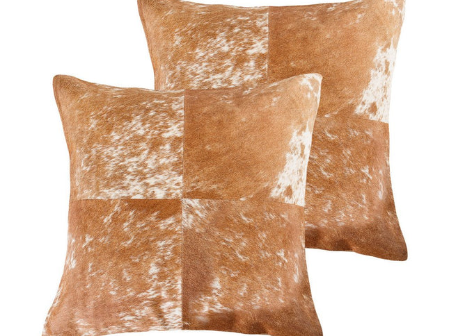 Set of Two 18" Brown and White Cowhide Cowhide Throw Pillows