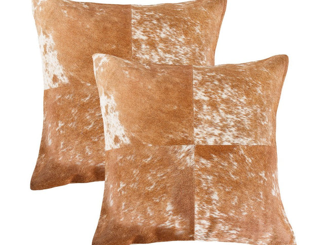 Set of Two 18" Brown and White Cowhide Cowhide Throw Pillows