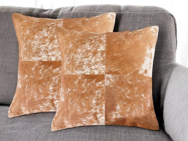 Set of Two 18" Brown and White Cowhide Cowhide Throw Pillows