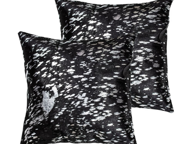 Set of Two 18" Black and Silver Abstract Cowhide Throw Pillows with Glitter
