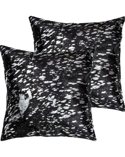 Set of Two 18" Black and Silver Abstract Cowhide Throw Pillows with Glitter
